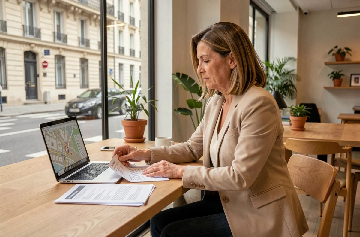 Agent immobilière consultant des documents d'estimation de loyer dans une agence à Lyon