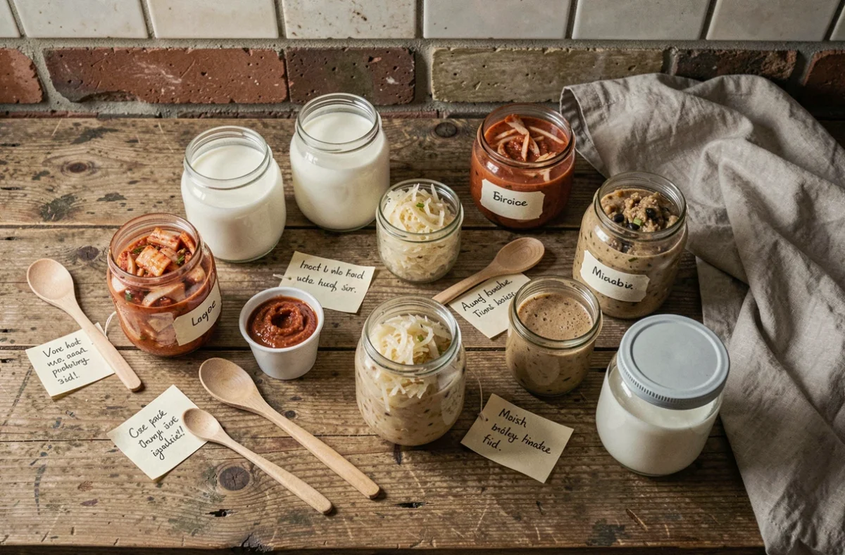 Assortiment d'aliments fermentés riches en probiotiques disposés sur un comptoir de cuisine en chêne rustique