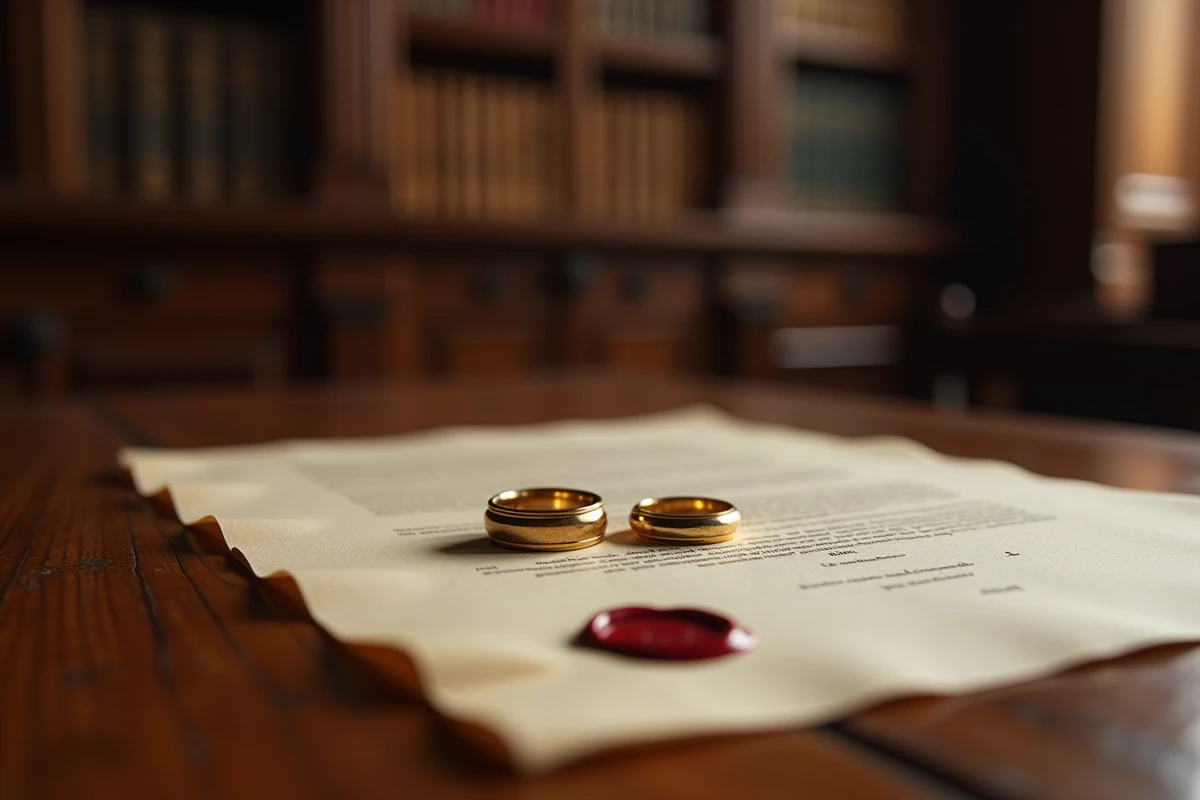 Alliances posées sur un document officiel scellé dans un bureau gouvernemental français, symbolisant un mariage officiel entouré de discrétion et de polémiques