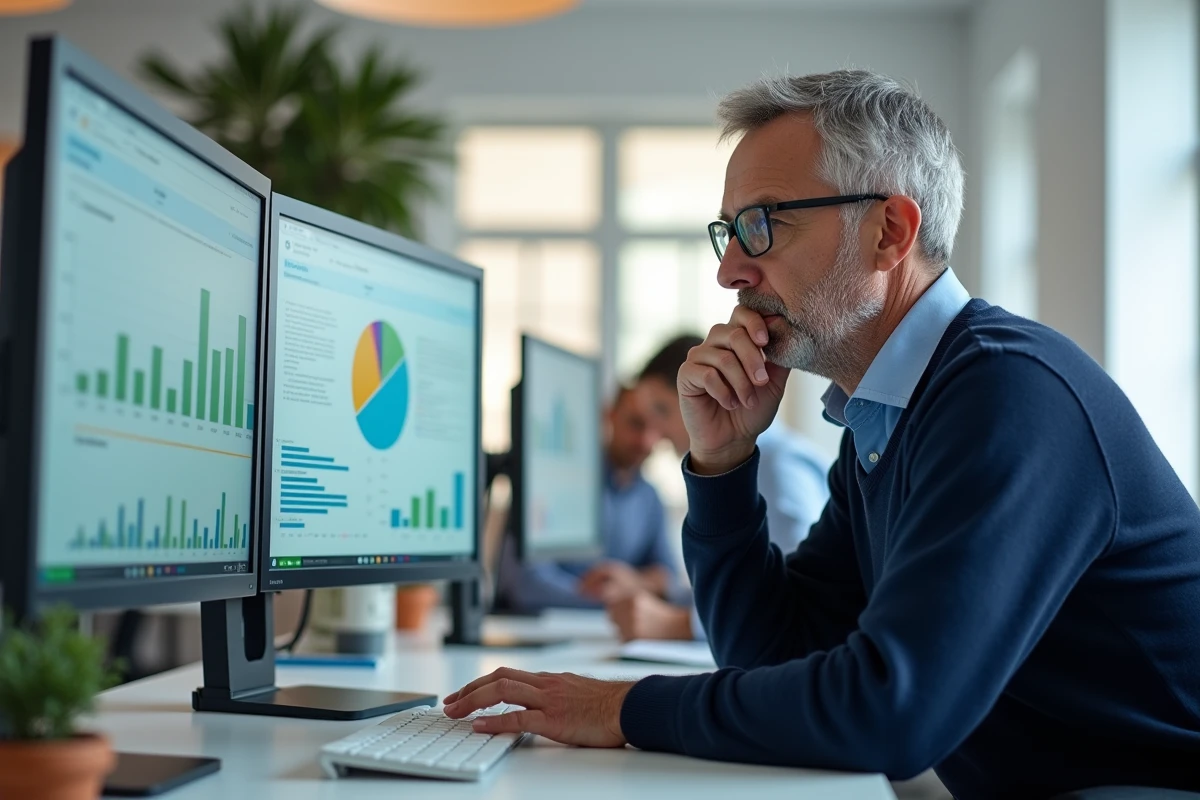 Consultant en développement durable analysant des données d'impact environnemental sur des écrans dans un bureau moderne