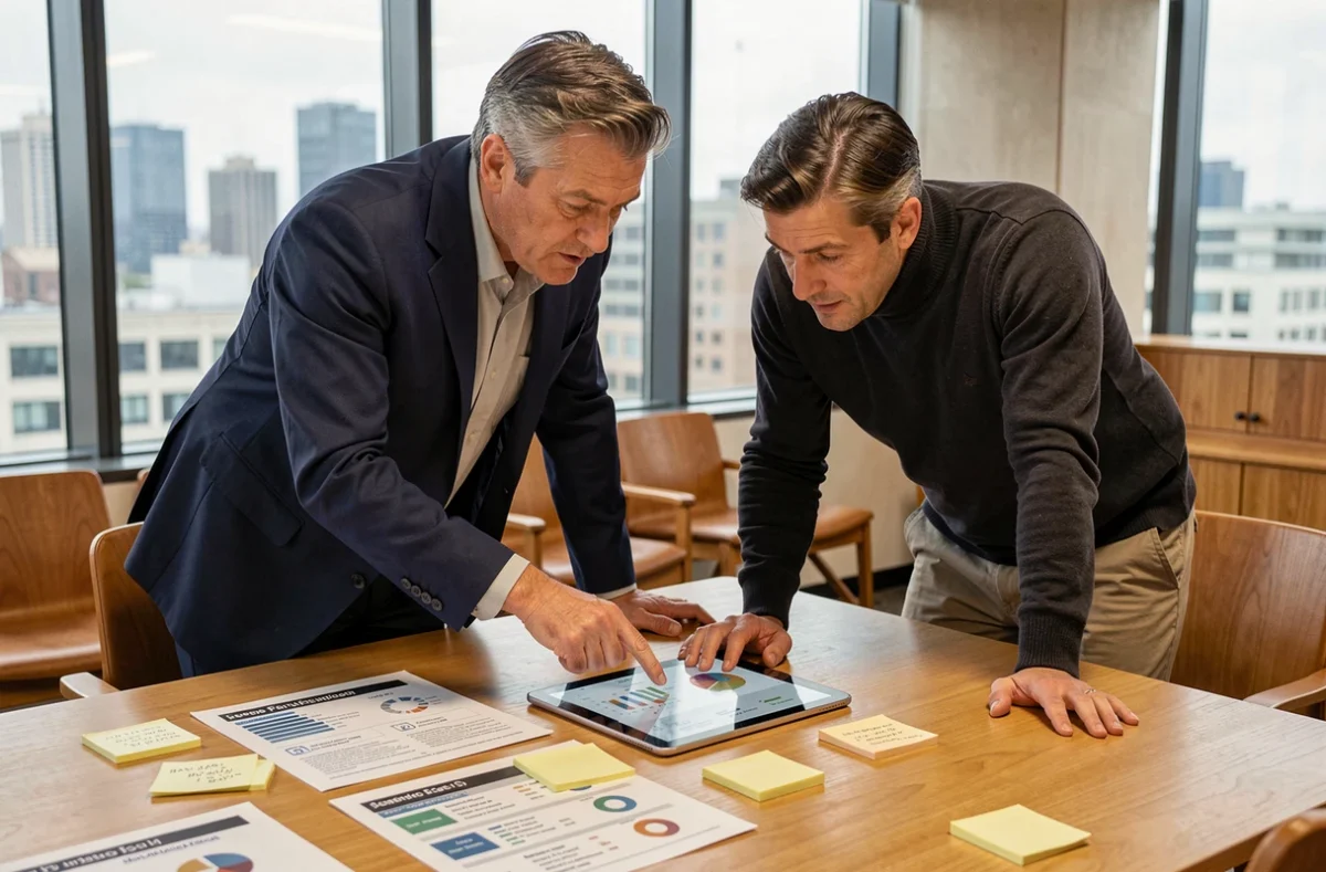 Deux professionnels analysant un tableau comparatif de fonctionnalités de plateformes de gestion documentaire