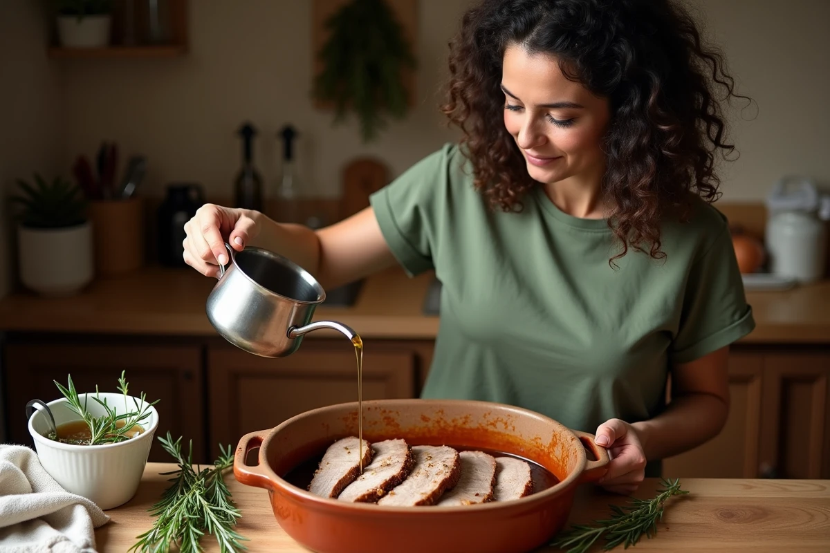 Femme arrosant de bouillon des tranches de rôti de porc dans un plat en céramique pour les réchauffer sans les assécher
