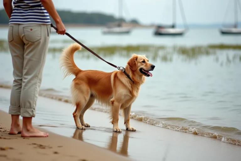 Femme et son golden retriever au bord de l'eau sur la plage de Conleau à Vannes, avec des voiliers en arrière-plan