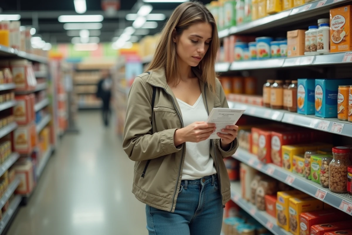 Femme examinant un produit dans le rayon d'un magasin discount à Tourcoing avec des étagères en arrière-plan