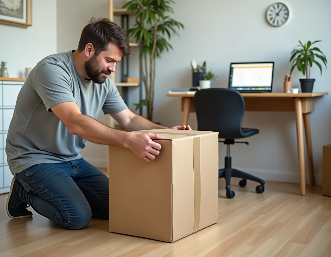 Homme tentant de conditionner un colis trop grand pour un envoi Colissimo depuis son domicile