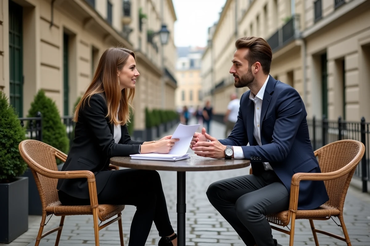 Deux collègues discutant de travail en terrasse à Paris lors d'une session professionnelle du week-end