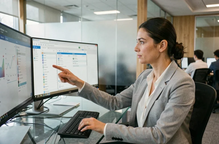 Femme professionnelle comparant des logiciels de coffre-fort numérique sur deux écrans dans un bureau moderne