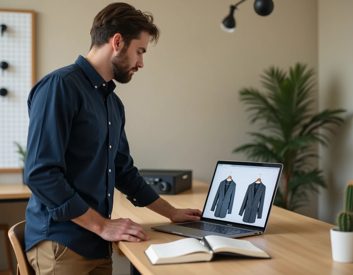 Homme comparant des vêtements mode sur un ordinateur portable dans un bureau minimaliste à domicile, prenant des notes pour un achat en ligne réfléchi