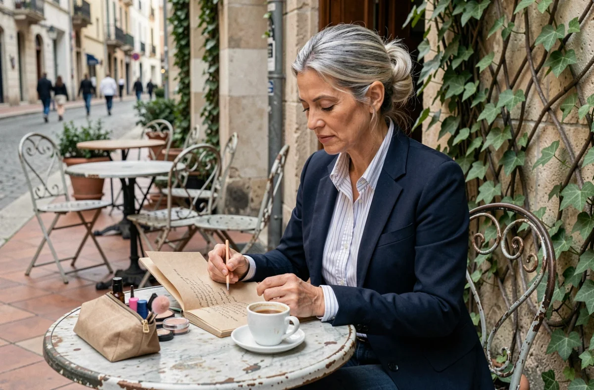 Femme élégante aux cheveux gris argenté prenant des notes sur la beauté dans un carnet kraft à la terrasse d'un café européen avec ses essentiels maquillage