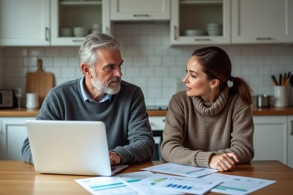 Couple comparant des offres d'assurance sur ordinateur portable à la table de leur cuisine
