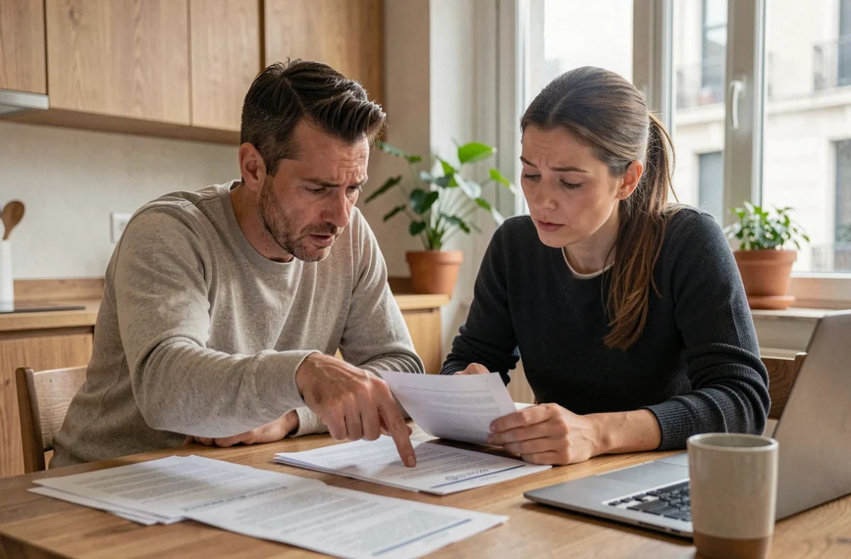 Couple examinant des documents de crédit immobilier à la table de cuisine dans un appartement moderne