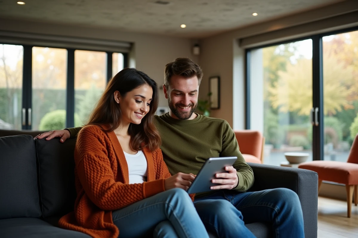 Couple utilisant une tablette domotique pour contrôler le confort de leur maison connectée