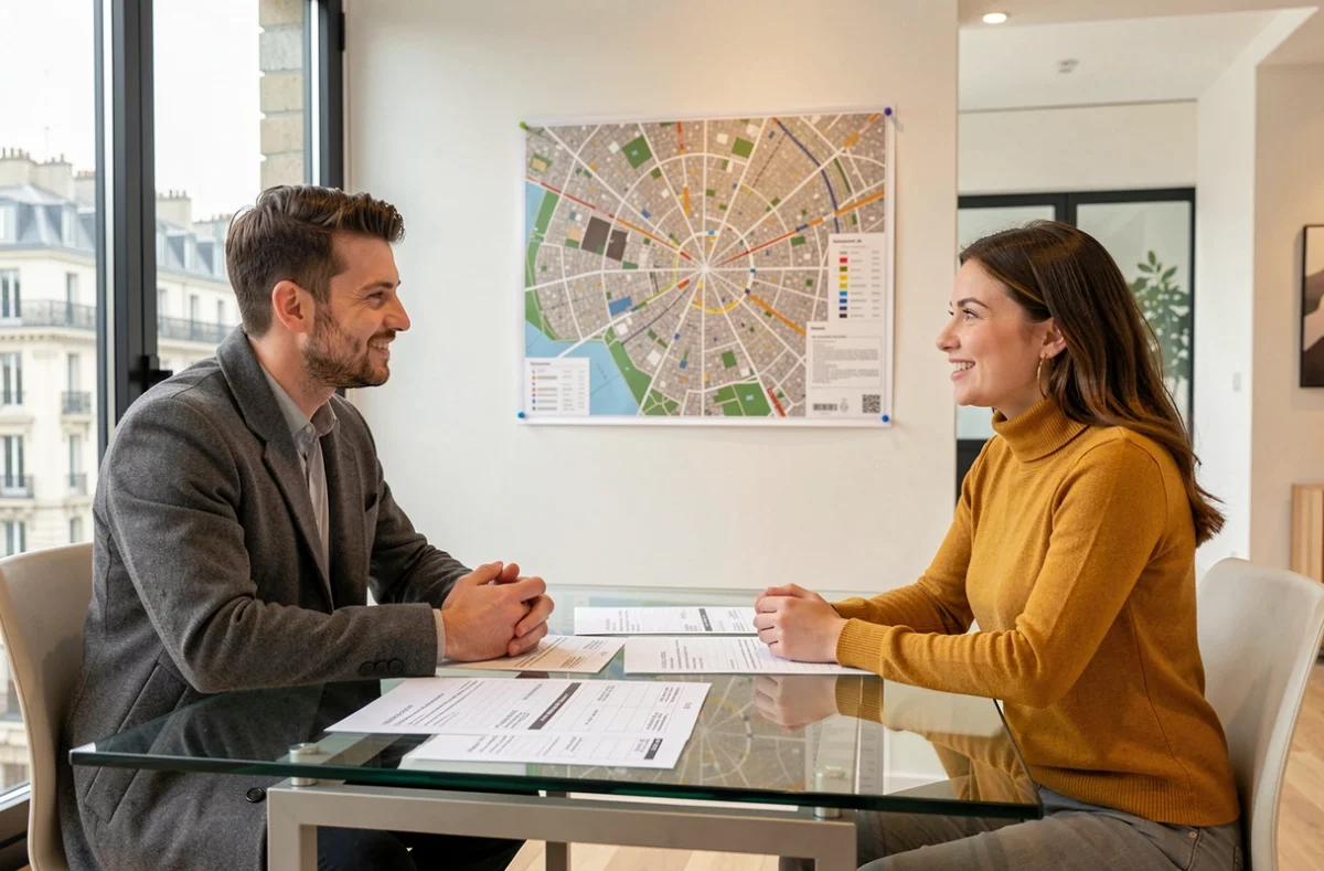 Couple de locataires discutant de l'encadrement des loyers avec un conseiller immobilier à Lyon