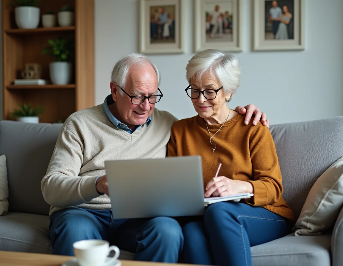 Couple de retraités SNCF consultant ensemble les services en ligne sur un ordinateur portable dans leur salon