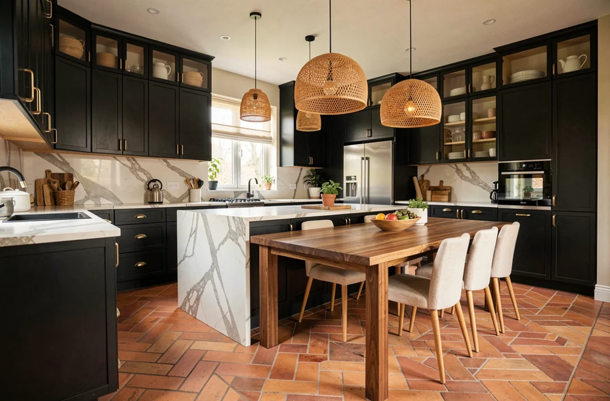 Cuisine ouverte moderne avec îlot en marbre, armoires noires et salle à manger en bois de noyer, aménagement intérieur tendance