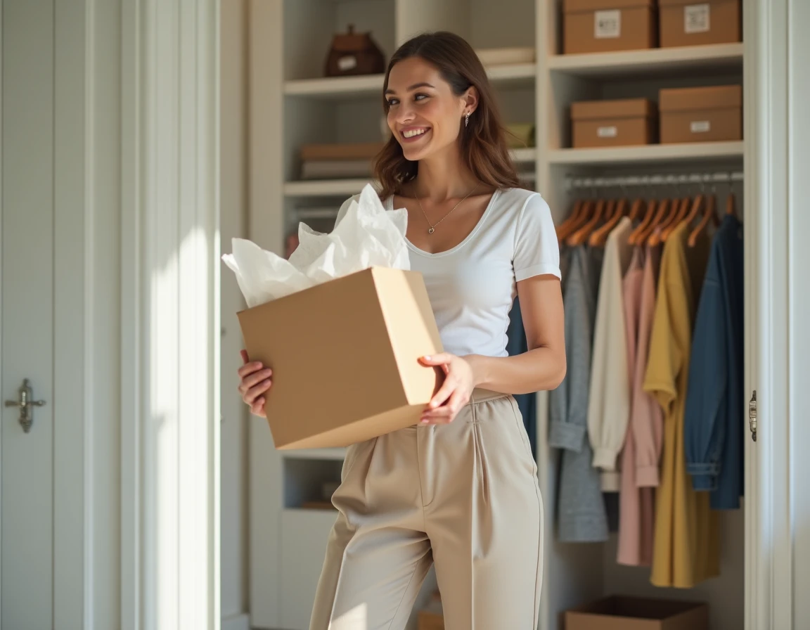 Jeune femme découvrant une livraison de vêtements commandés en ligne devant un miroir dans un dressing organisé, unboxing mode réaliste