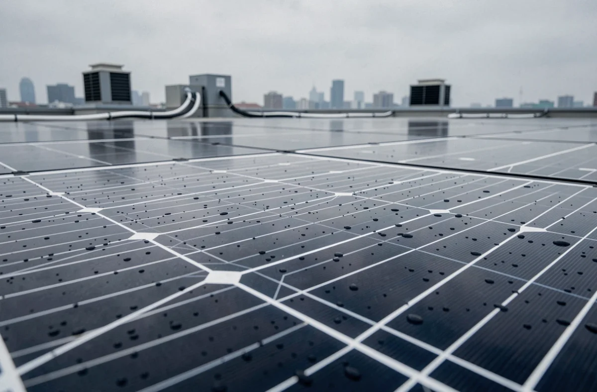 Gros plan sur la surface de cellules photovoltaïques d'un panneau solaire avec reflets
