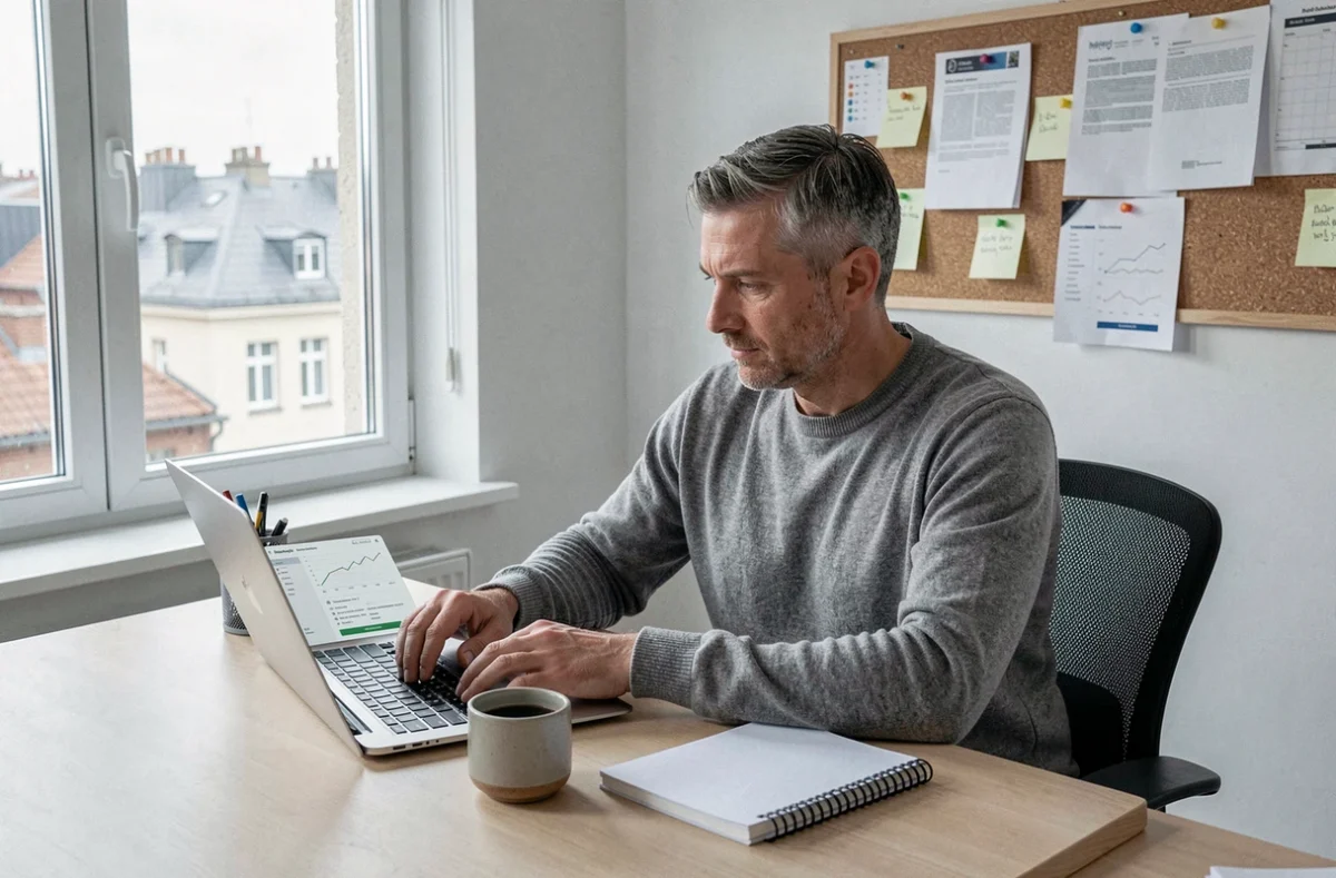 Entrepreneur masculin consultant des ressources business en ligne depuis son bureau à domicile