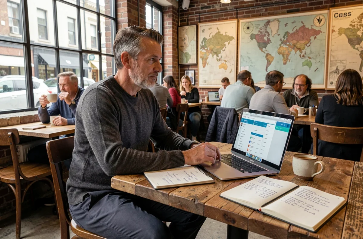 Entrepreneur masculin consultant des ressources de formation en ligne dans un café urbain