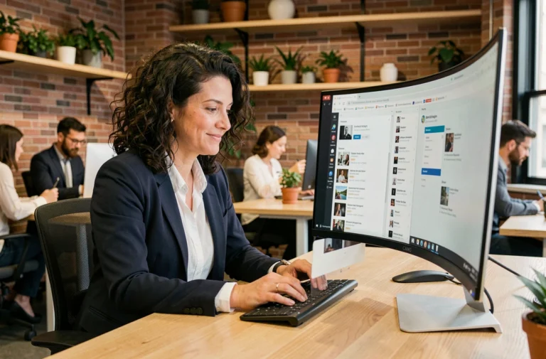 Entrepreneuse moderne travaillant sur des ressources en ligne dans un espace de coworking contemporain
