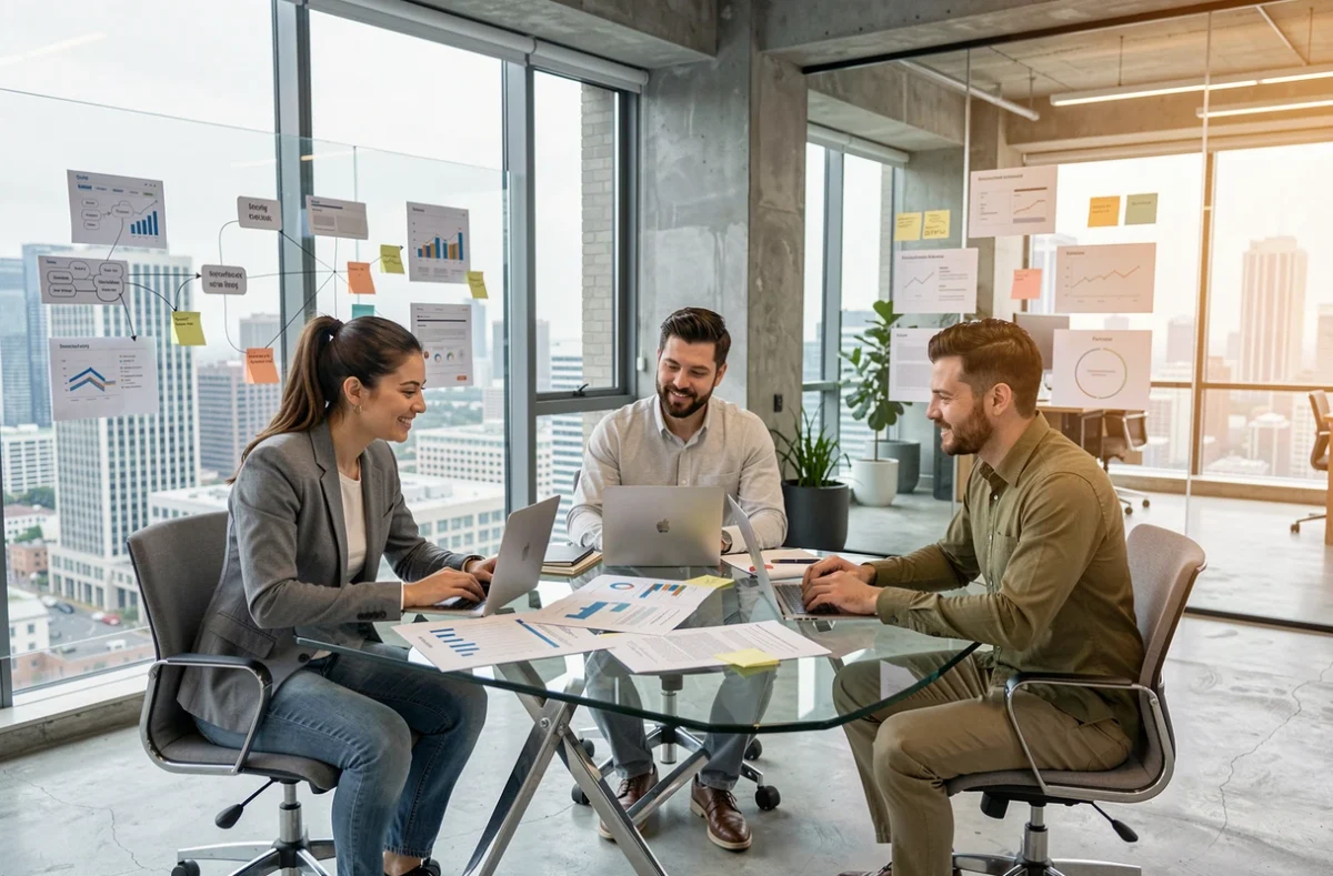 Équipe de professionnels collaborant sur des stratégies de développement d'activité en ligne dans un espace de coworking