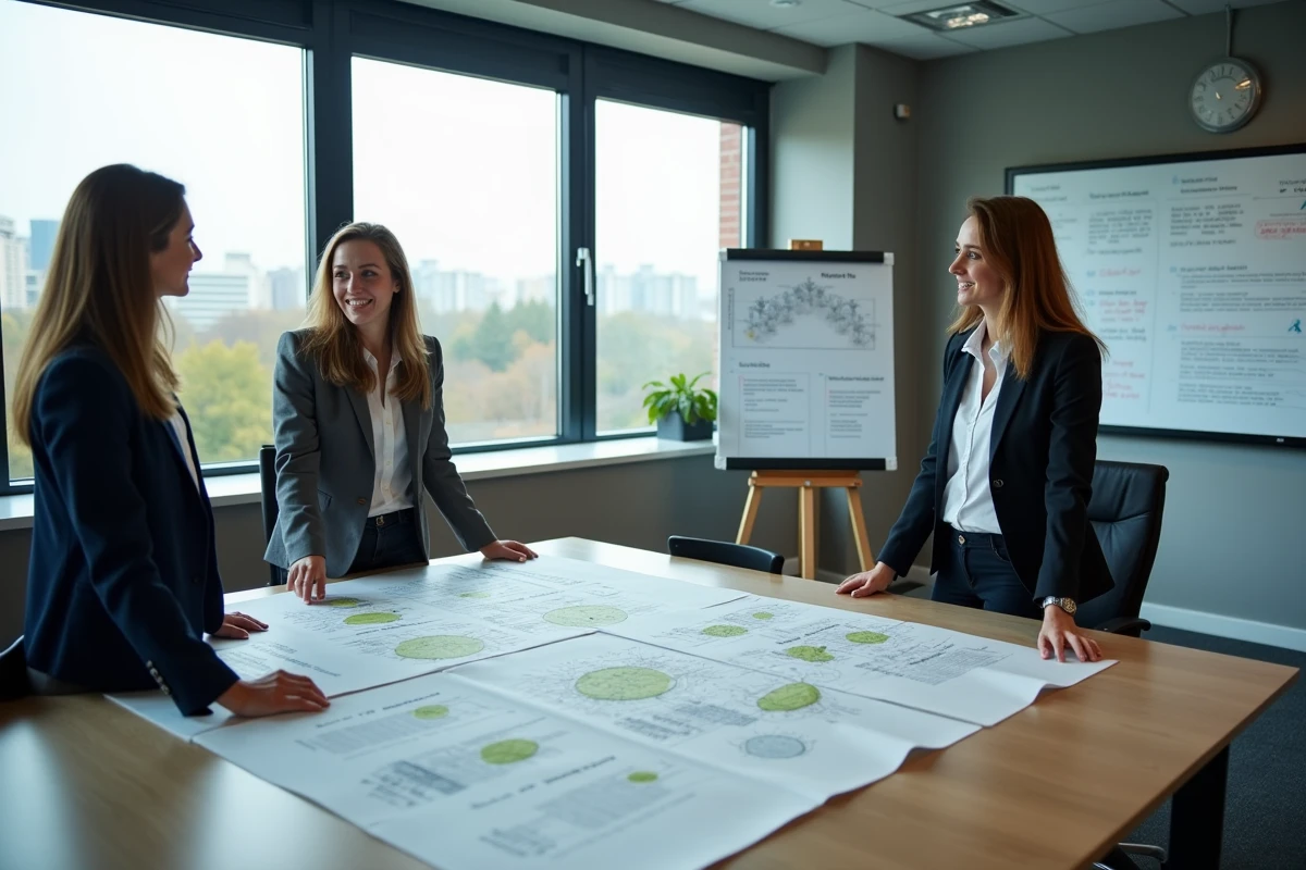Équipe de professionnels analysant des rapports d'évaluation d'impact environnemental lors d'une réunion de travail