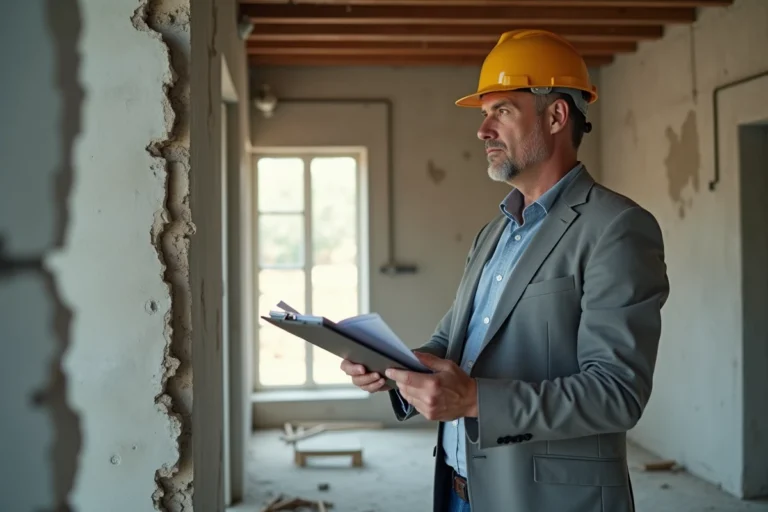 Expert judiciaire bâtiment inspectant une fissure structurelle sur un mur en béton lors d'une expertise construction