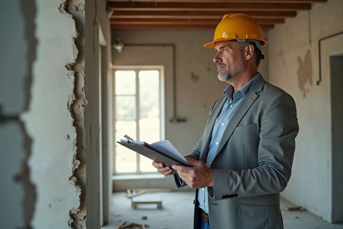 Expert judiciaire bâtiment inspectant une fissure structurelle sur un mur en béton lors d'une expertise construction