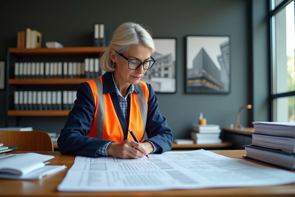 Experte judiciaire en bâtiment analysant des plans techniques et un rapport d'expertise dans son bureau professionnel