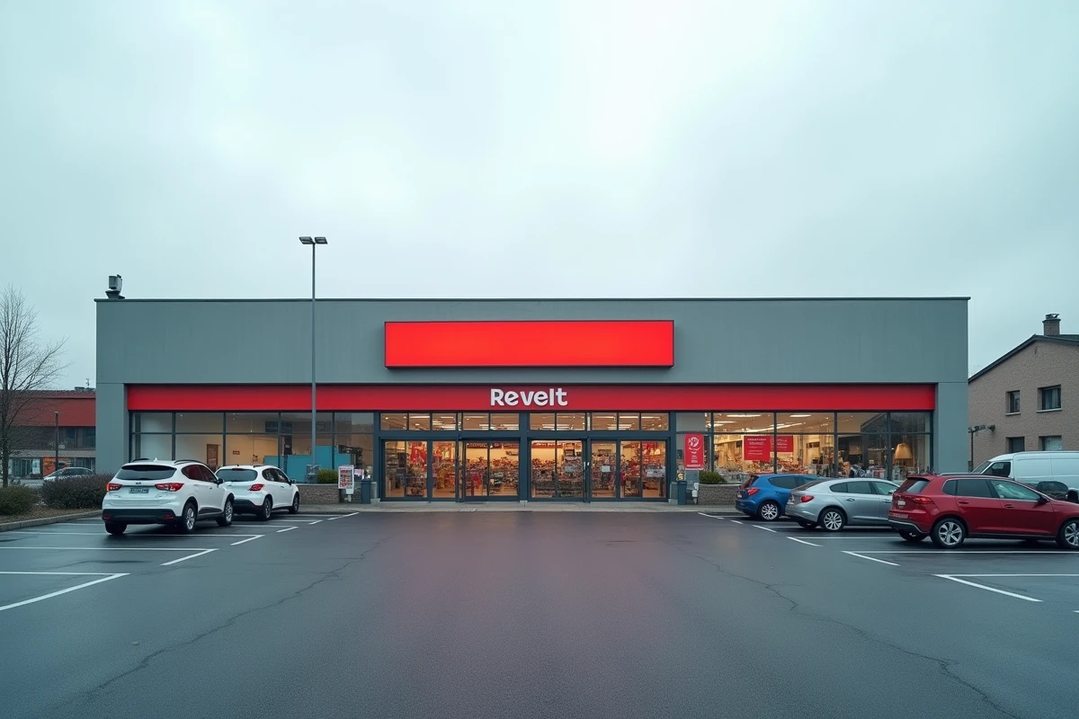 Façade extérieure d'un magasin discount en zone commerciale à Tourcoing avec parking et entrée principale