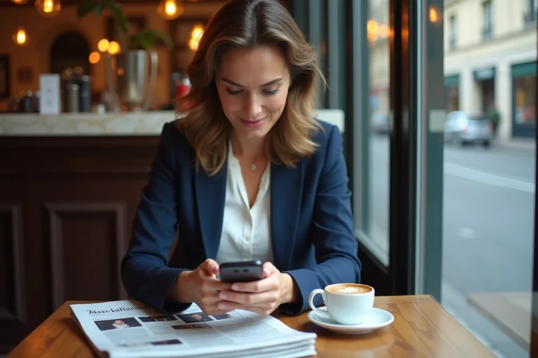 Femme parisienne lisant les actualités françaises sur son smartphone dans un café parisien typique