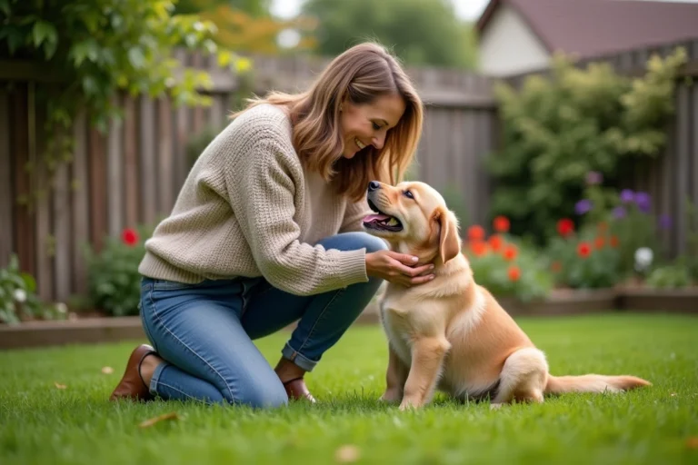 Femme en sweater avec un chiot retriever dans le jardin