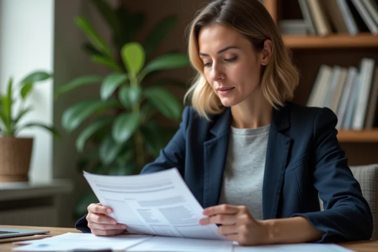 Femme consultant des documents d'assurance à son bureau pour choisir une couverture adaptée à son budget