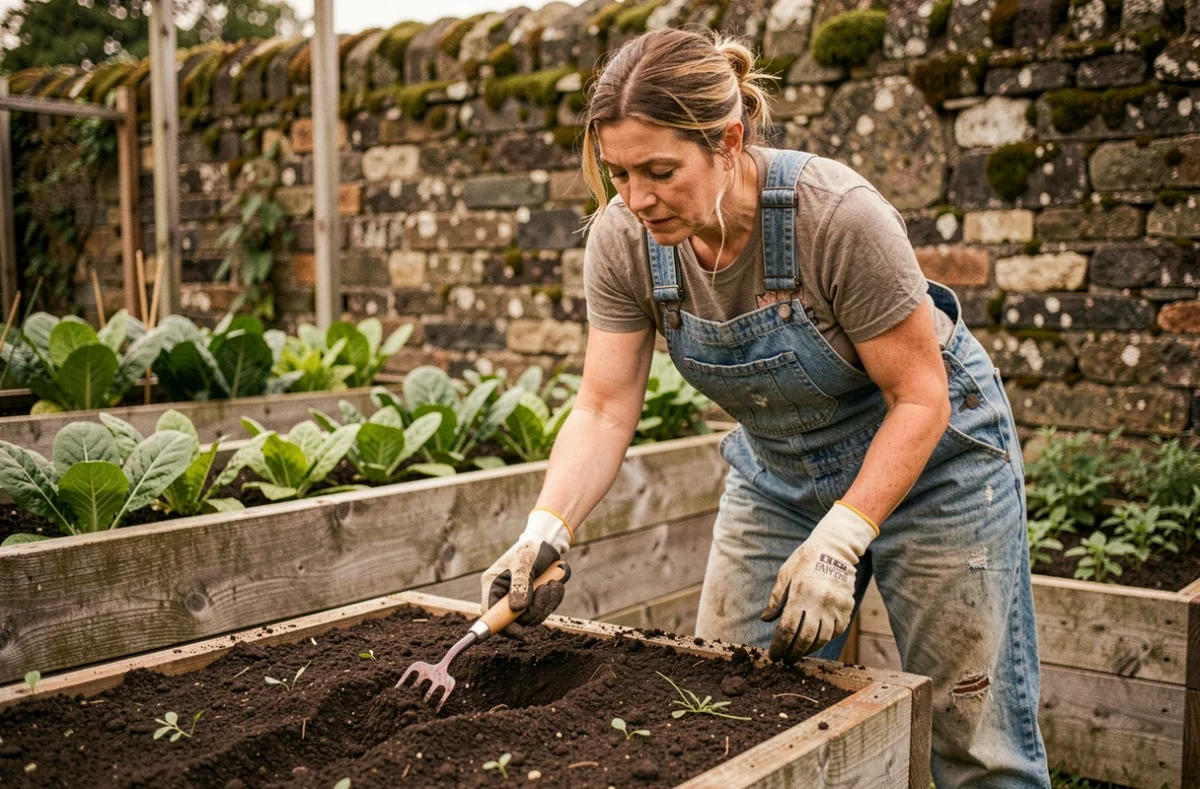 Femme utilisant une grelinette pour aérer le sol d'un potager bio surélevé en bois