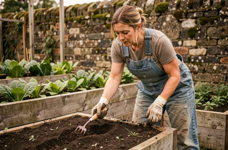 Femme utilisant une grelinette pour aérer le sol d'un potager bio surélevé en bois