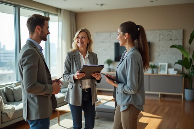 Femme d'âge moyen souriante avec un dossier en immobilier
