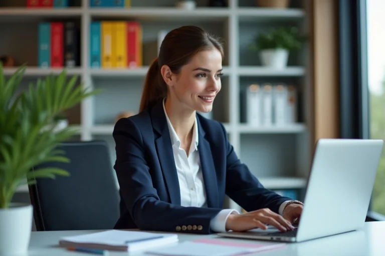 Femme professionnelle en bureau avec ordinateur et bibliothèque