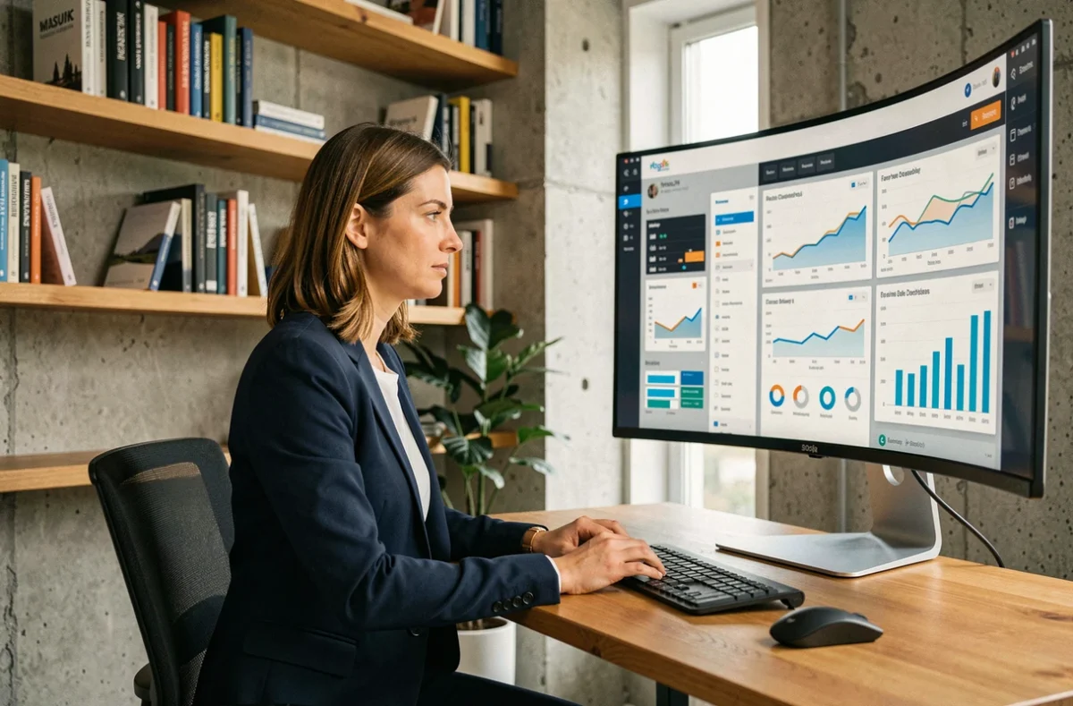 Femme professionnelle travaillant sur des outils de développement d'activité en ligne dans un bureau moderne
