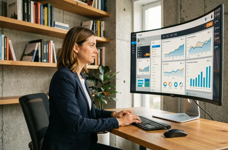 Femme professionnelle travaillant sur des outils de développement d'activité en ligne dans un bureau moderne