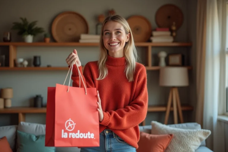 Femme souriante avec sac La Redoute et étiquette rouge