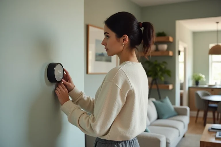 Femme ajustant un thermostat connecté dans un salon moderne et confortable