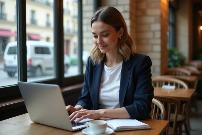 Femme travaillant depuis un café parisien le week-end avec un ordinateur portable et un carnet de notes