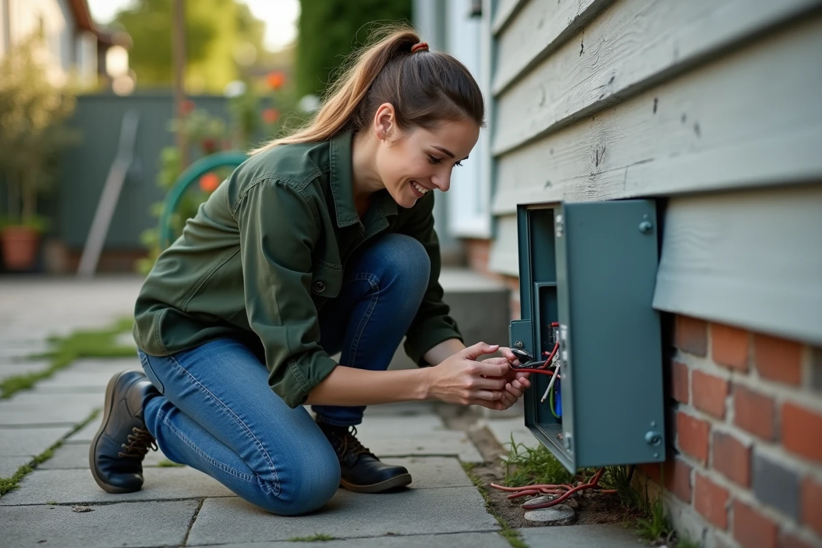 Femme inspecte les connexions électriques dans une boite extérieure