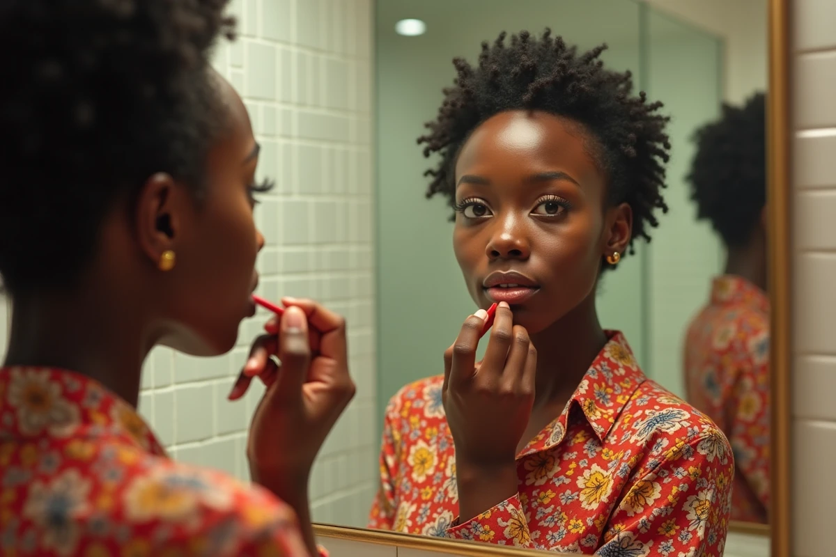 Jeune femme avec vitiligo se maquillant dans la salle de bain