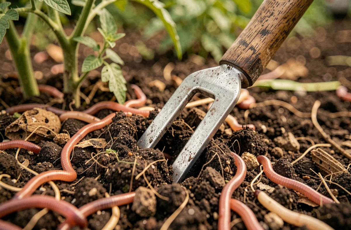 Gros plan des dents d'une grelinette plantées dans un sol riche en vers de terre d'un potager biologique