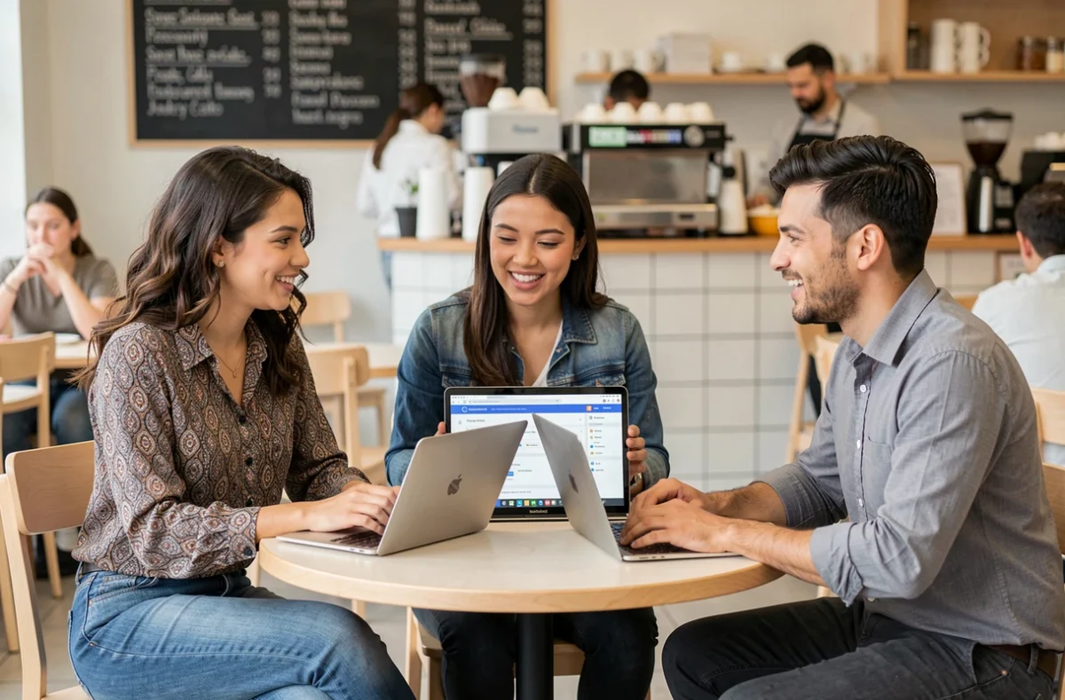 Groupe d'entrepreneurs collaborant autour de ressources numériques dans un café moderne