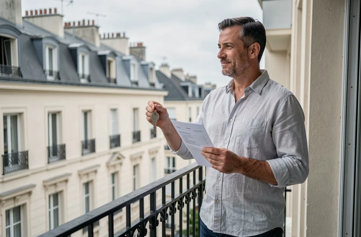 Homme tenant les clés et le contrat de son crédit immobilier sur le balcon de son nouvel appartement