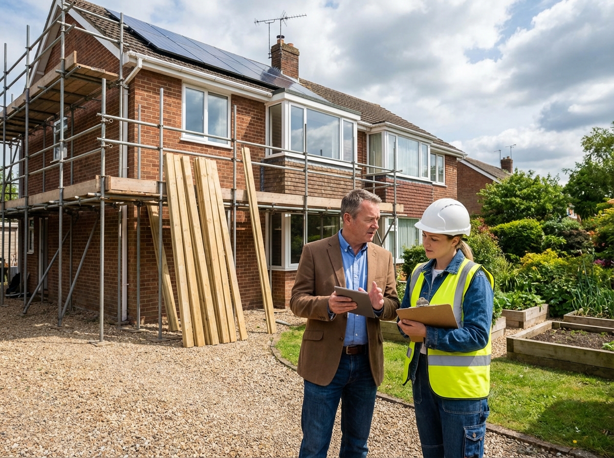 Homme discutant avec entrepreneur devant maison en renovation