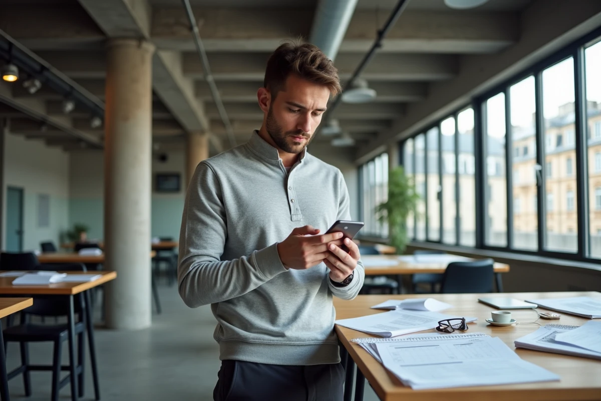 Homme consultant ses horaires de travail du week-end dans un espace de coworking parisien moderne