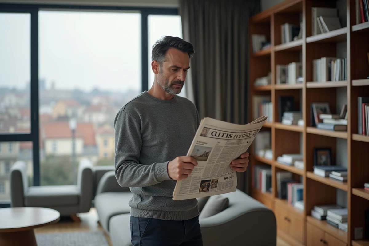 Homme lisant un journal papier dans un salon moderne français pour se tenir informé de l'actualité
